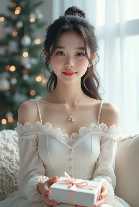 photorealism: 1.2), beautiful woman, Korean girl woman, sitting in the living room, snowy atmosphere snow, beautiful eyes, beautiful thick eyebrows, small sharp nose, sweet pink lips, wearing a Christmas dress simpel white with a snow blink design, holding...