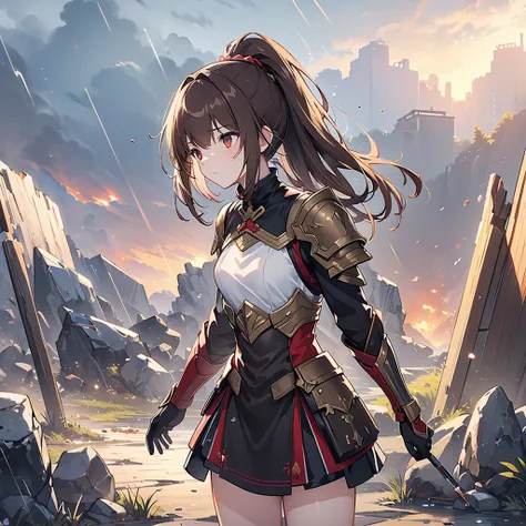 ( Ultra Detailed :1.2,   Masterpiece :1.2,  best quality:1.2,  high definition :1.2),  Warzone background, scenery,  Its raining,  1 girl,  small breasts,  brown hair,  ponytail, armor clothes, breastplate,  dirty face , Bloodstain, Dark Skies