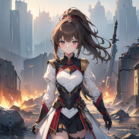 ( Ultra Detailed :1.2,   Masterpiece :1.2,  best quality:1.2,  high definition :1.2),  Warzone background, scenery,  Its raining,  1 girl,  small breasts,  brown hair,  ponytail, armor clothes, breastplate,  dirty face , Bloodstain, Dark Skies