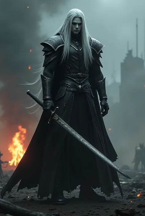 A tall and imposing warrior with long flowing silver hair, resembling Sephiroth from Final Fantasy, stands in a dramatic pose wearing a shiny black leather long coat with silver shoulder pads. His sharp, cold face is devoid of emotion, while his piercing e...