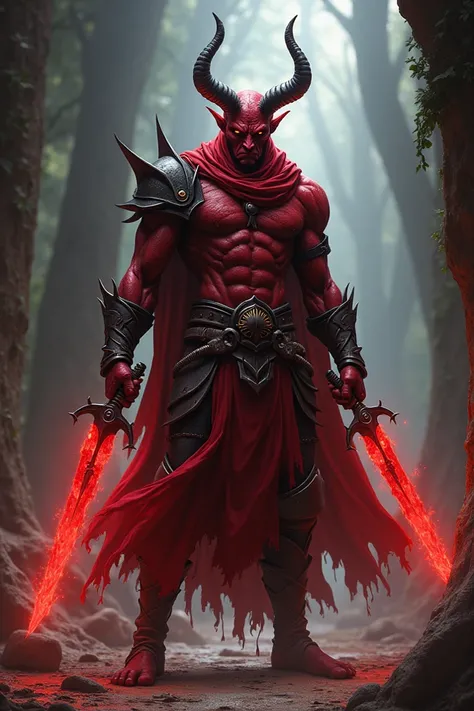 Tiefling red skin and blood red clothes with two horns coming out of your head. Two major blades in hands. poo coloured magic emanating  from him. Light armour with leather boots. 