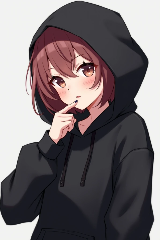 The 2D female character wearing a black hoodie has slightly playful eyes and a slight smile