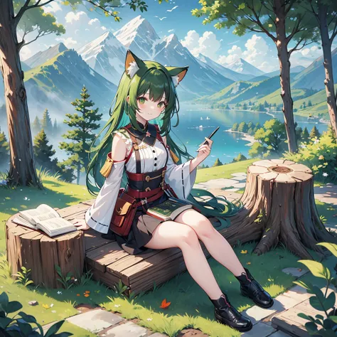   Masterpiece ,  best quality,,  1 girl,  sitting, animal, animal ears, bird, black_hair, Books, Booksmark, branch, Gloves, glass, green hair, holding, holding Books, Food, Food down, leaf,  look at the viewers, multicolored hair, open_Books, partially fin...