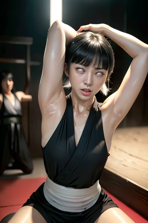 (( Black Item )) (( Black Eyelash )) (( fighting style)),((martial arts))(( movie ))(( lightning effect))(( struggle Style))(( struggle))(masterpiece), ( Simple Solid Color Background )(  Best Quality ), (  Beautiful eyes Eyes and face  ), (   Perfect Fema...