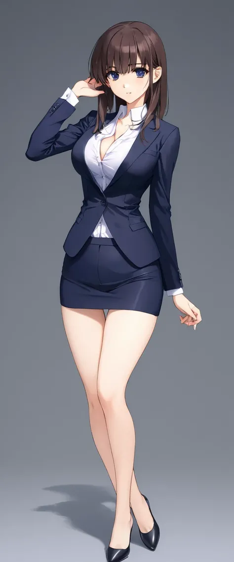 Megumi Kato,  1 girl, Alone, bangs,  brown hair, (((Female lawyer, ( formal suit micro mini skirt that shows only a little bit of crotch,   Micro Mini Pencil Skirt),  white shirt,   Navy Blue Jacket,Big Breasts、 cleavage、Thin legs、The white panties are vis...