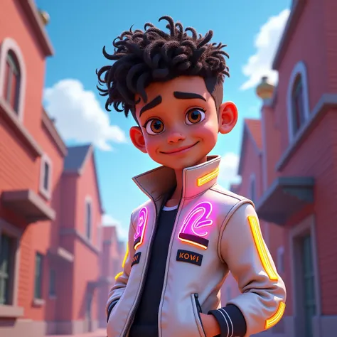 chico, adolescent, king,  curly hair , White jacket with neon details.,  cartoon , animated