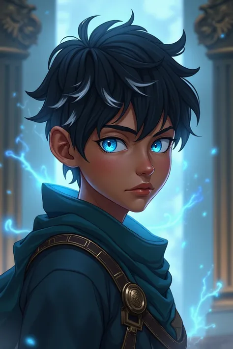 Teen boy, 14, tanned skin/olive skin, black hair with white highlights, midnight blue eyes / oxy eyes, demigod, son of the titan uranus 