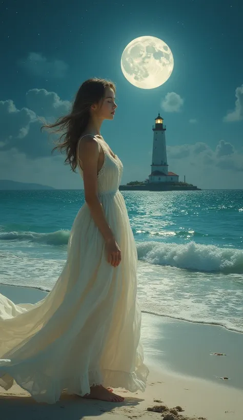  Beautiful young woman standing on the beach, in a long cream dress ,  in the background of the full moon ,  in the distance you can see the lighthouse  