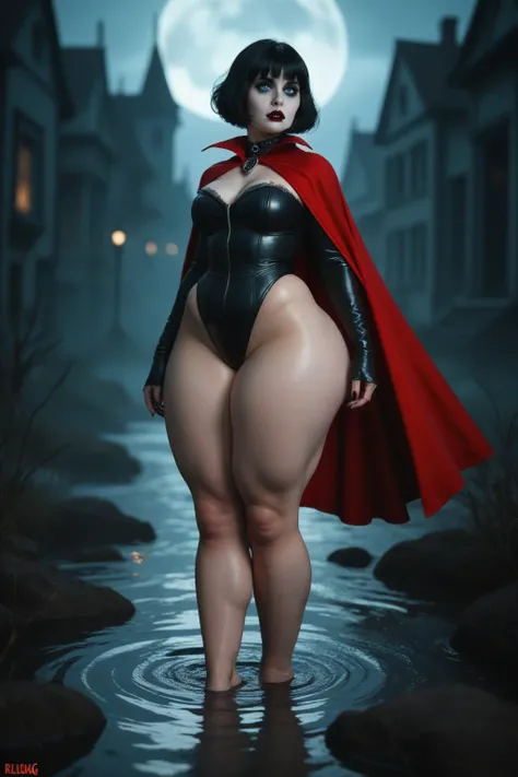 Beautiful undead gothic vampire girl with short dark hair and blue eyes, BLACK LEATHER LEOTARDS, red cape, hourglass silhouettes, Big and big butts, super huge , Waders, (FAT THIGHS:1.3), (PAWG)