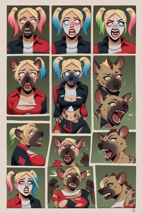 looking shocked, looking surprised, aroused expression, (Harley Quinn is getting transformed into a female hyena), digitigrade, Harley Quinn is getting transformed into a female hyena, ripped clothes, breasts, large breasts, bust, (transformation:1.2), on ...