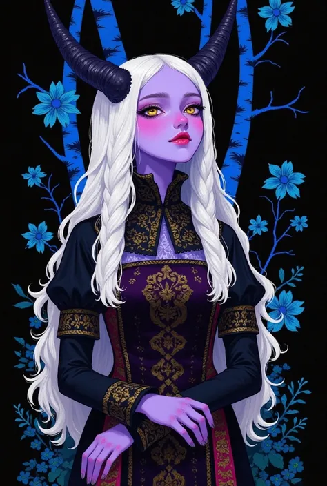  has a painting of a woman , Typhines female , Devilish horns,  purple skin , bust,  standing on a black background ， with blue trees in the background : 1.5,  with long straight white hair :1.5,  yellow eyes :1.5,  bright medieval costume ,  highly detail...