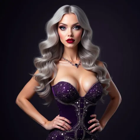 beautiful slender mature mommy exaggeratedly sexy voluptuous woman with long silky silvery waves hair framing her face elegantly, large and expressive brilliant deep sapphire blue eyes, long dark thick lashes, milky white skin, full and soft lips, purple d...