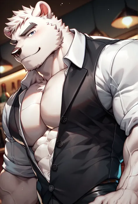 (Best quality),(materpiece), (Bara), (furry), ((Muscular polar bear in tight white unbuttoned shirt, along with a fancy black suit)), in the bar, (sexy), handsome, ((portrait)), (huge muscular pec),(anime style),(veiny arm),(cute)