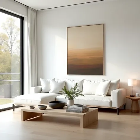 This image showcases a modern, minimalist living room with a bright and airy aesthetic. The room features a sleek, low-profile white sofa paired with a matching chaise lounge, both adorned with plush white cushions. A central wooden coffee table with clean...