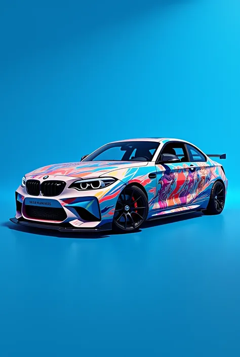 Create a BMW M240i with a wrap design whose background is blue and has an anime 