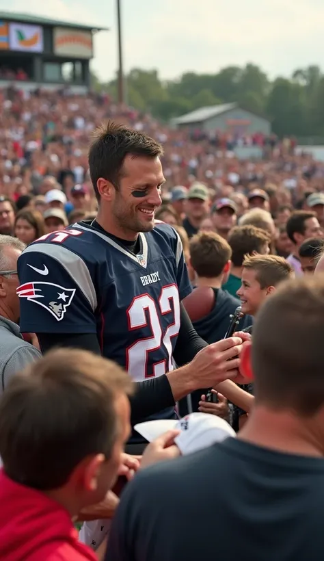 Tom Brady signing autographs for a crowd of excited s in a small-town stadium.