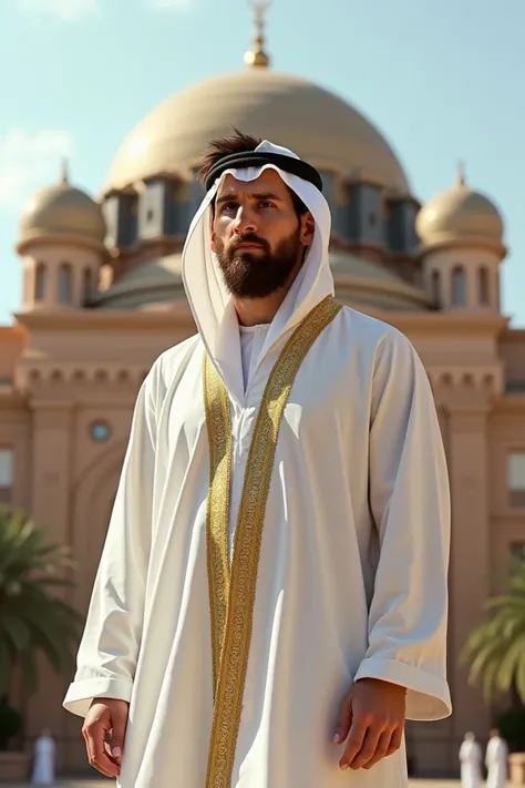 Messi wearing a white Moroccan djellaba in front of a mosque