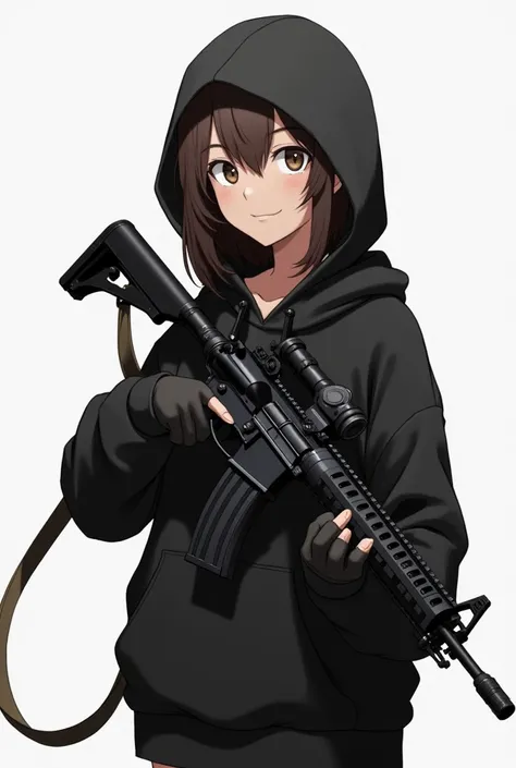 The 2D female character wearing a black hoodie has slightly playful eyes and a slight smile. She wears an M4 gun on a string and on her shoulder