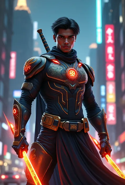 An Indian under 25 young male masked vigilante super hero, exuding charm and confidence, with a muscular and athletic build. He wears sleek, modern armor with metallic accents, blending futuristic technology and traditional Indian motifs. The armor include...