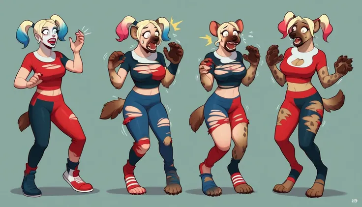 looking shocked, looking surprised, aroused expression, (Harley Quinn is getting transformed into a female hyena), digitigrade, Harley Quinn is getting transformed into a female hyena, ripped clothes, breasts, large breasts, bust, (transformation:1.2), on ...