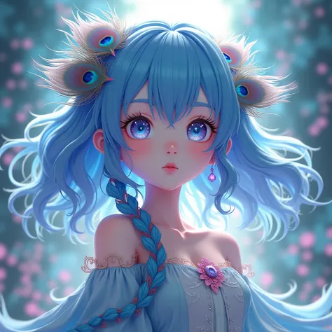 Girl with blue-pink hair and peacock feathers, inspired by Nari Hiko-kun, sociedadcg, 🌺  anime style. 8K,  anime style 3D, popular a cgstation, 8K high quality detail art,  Guvez style artwork,  fantasy art style , Realistic 3D anime style, Anime inspirati...