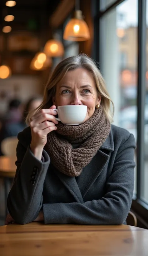 A 38-year-old woman sitting at a café, sipping coffee, wearing a coat and scarf, looking out the window.