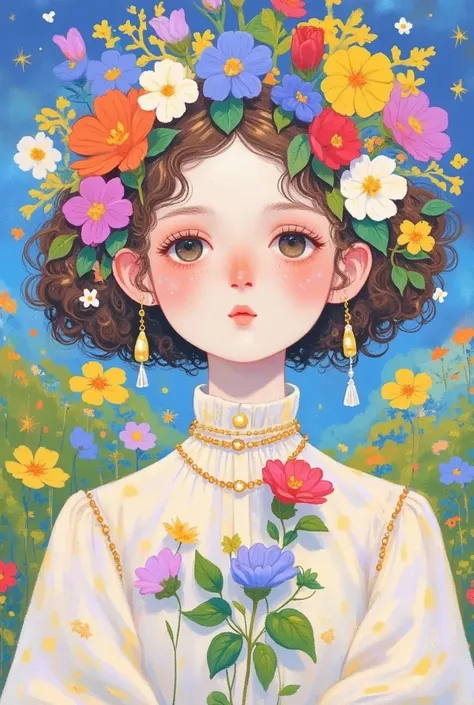 A painting， and draws a woman，She wears flowers on her head , A digital painting inspired by Cheng Yanjun, pixiv,  pop surrealism, artstrationTrend ,  cute detailed digital art , Beautiful digital illustration ,  detailed digital anime art,  A beautiful il...