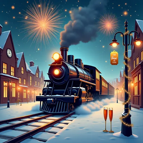 black background,realistic,modern,poster style,vibrant t-shirt design featuring a sleek steam modern train through a city midnight scene.Surround train with winter town fireworks,warmglowing window old-fashioned buildings,snow-covered rooftops,decorated la...