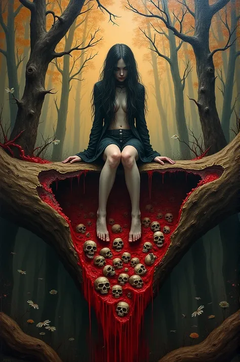 Oil painting. Girl Ghotic sitting on a tree trunk scary open body cavity shackled by red liquid, torn paper with body hole split scale fashion collage zombie chaos. in the arrangement of millions of s lying in the open body cavity of a gothic girl shackled...