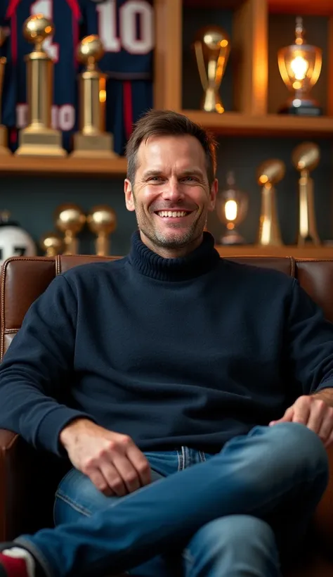 Tom Brady hosting a live Q&A session with fans, sitting casually in front of a football memorabilia collection.