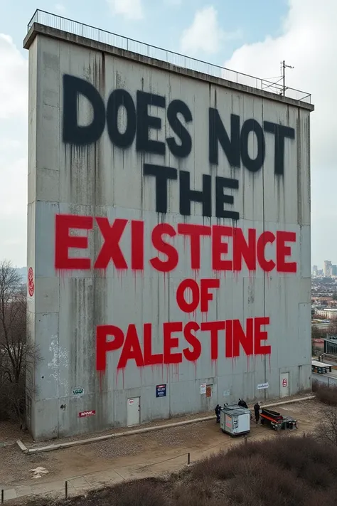 Grafitti on a huge wall that says: 
“Palestine does not have a right to exist.” 
“Does not” should be in bold and red.