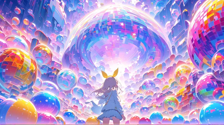  A girl in a room filled with many white cubes , digital rendering ,John Coffelt,Tumbler,Cubo-Futurism,Rainbow colored fractal,Cyber Mushroom City,Floating Crystals,Infinite Quantum Waves, Yellow Hairband ,Seraphim, Long Sleeve , pleated skirt, A young gir...