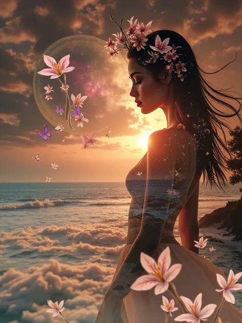 high quality, 8K Ultra HD, A beautiful double exposure that combines an goddess silhouette with sunset coast, sunset coast should serve as the underlying backdrop, with its details incorporated into the goddess , crisp lines, The background is monochrome, ...