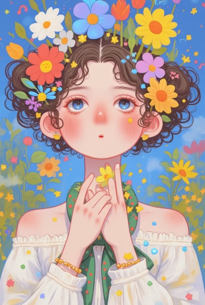 a painting， and draws a woman，she wears flowers on her head , a digital painting inspired by cheng yanjun, pixiv,  pop surrealis...