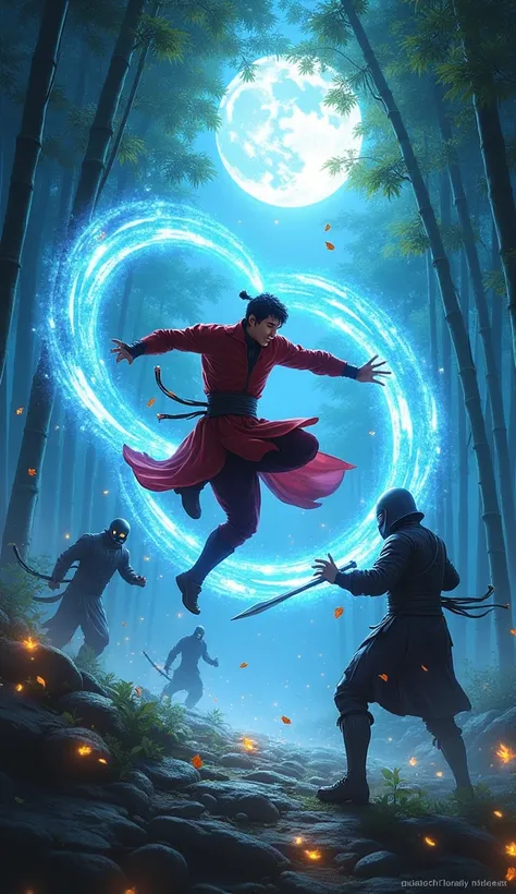 Shang-Chi in an Intense Battle:
Design a dynamic scene showcasing Shang-Chi in the middle of a breathtaking martial arts battle. Highlight his Ten Rings, glowing with an ethereal blue energy as they spiral around his arms, deflecting enemy attacks and stri...