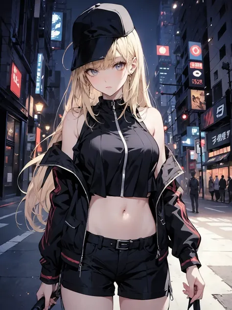    girl posing in a city with long hair and jacket,   cyberpunk anime girl with hat  ,  Urban girl fan art  ,  Ragged clothes ,   anime style, 美しい  Digital Artワーク,  style Rose Tran  ,   y shorts streetwear  ,   Digital Art. @mariomaniacdude,    realistic a...