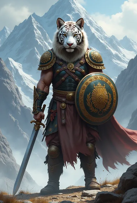 A strong man his head is a white tiger standing infront of the mountain holding a sward and a sheiled the sheild has the sign of afghan governament.