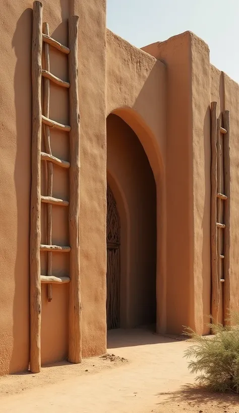 A detailed close-up of the Great Mosque’s mud walls, showcasing the craftsmanship of Sudanese-Sahelian architecture. Highlight the wooden poles protruding from the structure, the smooth earthy texture of the walls, and the unique blend of natural materials...