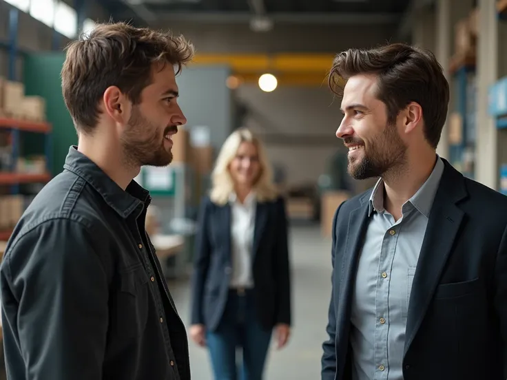 Shot of 2 25-year-old boys talking and a blonde girl on her back in the background,  dressed for work talking in a warehouse 