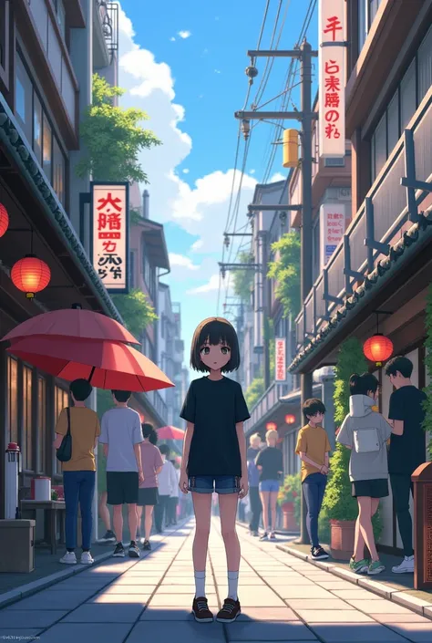 Girl in black t-shirt,  is standing on a city street , Aesthetics of Japan, Japanese Signage, 