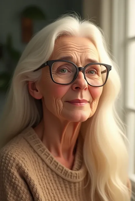 A grandmother long hair blond eyeglasses slim square frame 