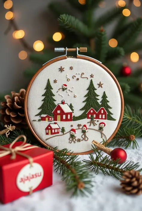  Christmas landscape represented by cross-stitching inside the wooden embroidery frame, The background is a sticker called AJAJASU attached to the gift box next to the , A large paper sticker with the letters “AJAJASU” printed on it is attached to the gift...