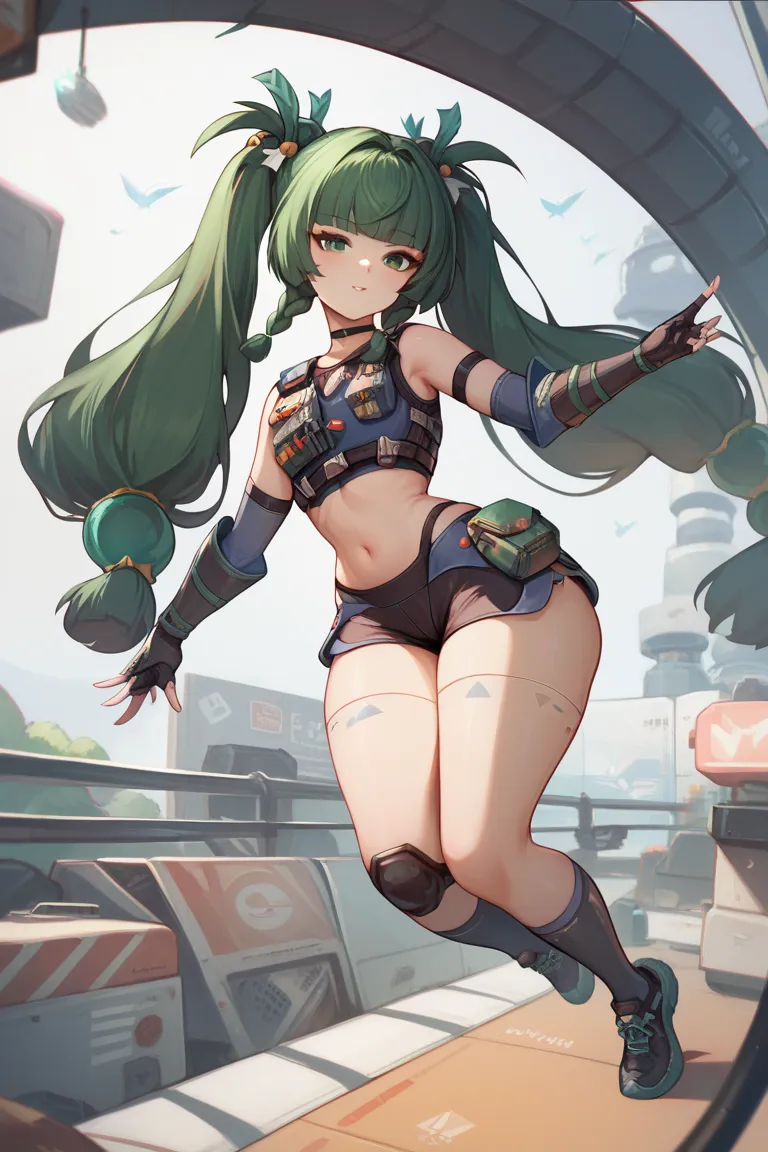 qingyi, green eyes, green hair, very long hair, twintails, blunt bangs, hair bobbles, side braids, hair ornament, robot joints, ...