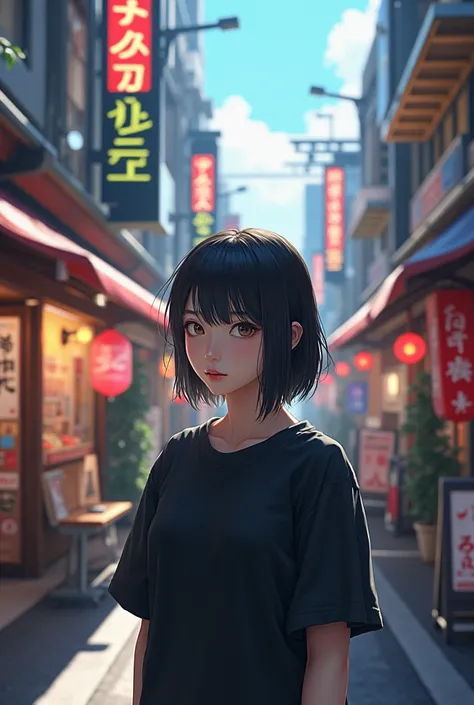 The girl in the black t-shirt,  is standing on a city street , Aesthetics of Japan, Japanese Signage,  photorealism 