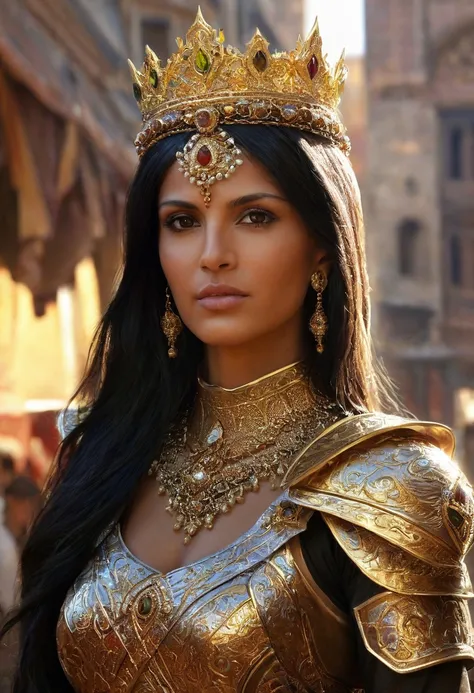 Ivian Sarcos princess - portrait with crown，royal battle armor。market street. Beautiful and complex Arabian style, Arabian jellabiya,  fiery, ventania， Wu Ya and WLOP and works by Bippel and Greg Rutkovsky, creature00d, (Amber theme:0.7), mtu, mathematicia...