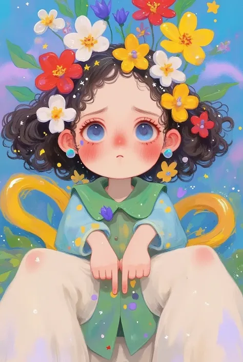 A painting， and draws a woman，She wears flowers on her head , A digital painting inspired by Cheng Yanjun, pixiv,  pop surrealism, artstrationTrend ,  cute detailed digital art , Beautiful digital illustration ,  detailed digital anime art,  A beautiful il...