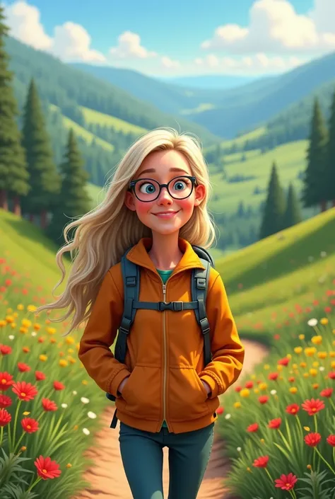 A sixty-year-old woman with long hair, blonde, highlighted, thin, square frame eyeglasses. smiling, on a hike.

Style pixar 