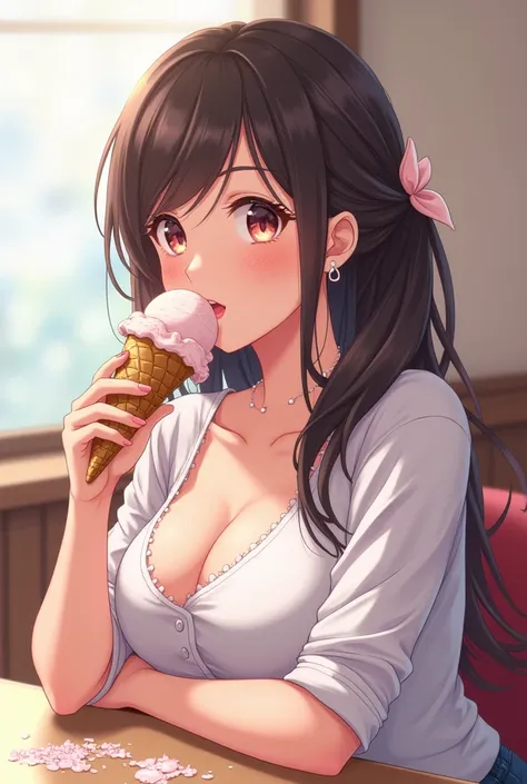 anime girl woman with tight shirt is sitting at the table and her cheeks are flushed with ice cream falling on her chest 
