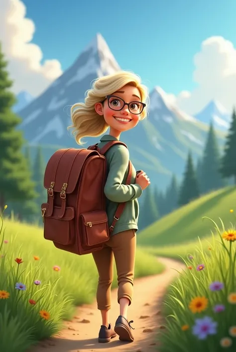 Une femme de soixante ans cheveux longs blonds méchés relevés. lunettes de vue fine monture carrée. Souriante, en randonnée. Sac a dos en cuir.

Style pixar 