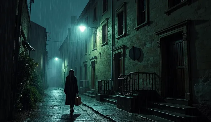 "A deserted street at night, lit by a flickering streetlight, as rain pours down. A woman in a dark coat, carrying a shopping bag, walks towards an old, worn-down building. The building has a somber facade, with dark windows and a stone staircase wet from ...